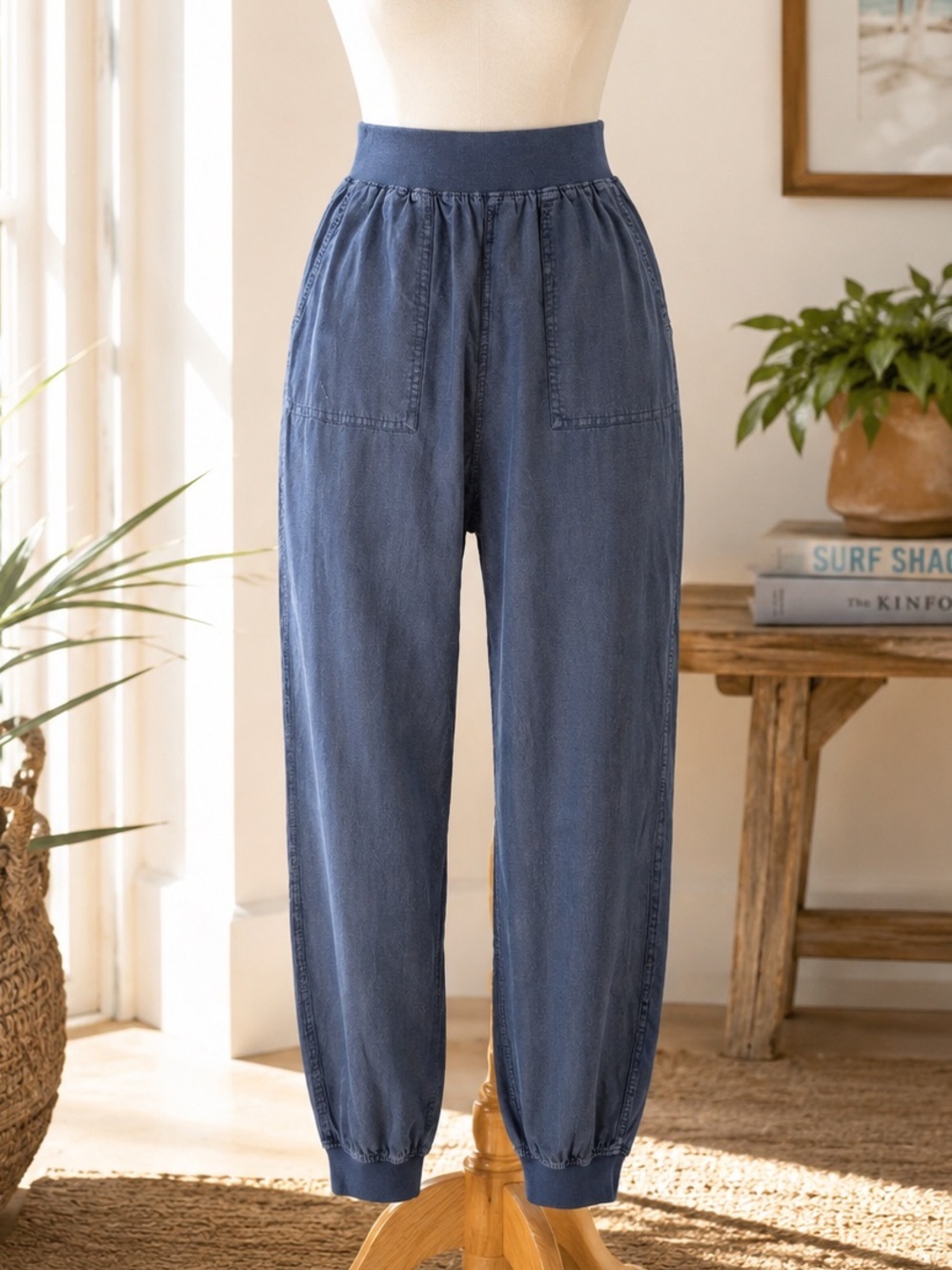 Faherty Tencel Linen Blend Jogger Pants Blue Pull On Elastic Waist Small